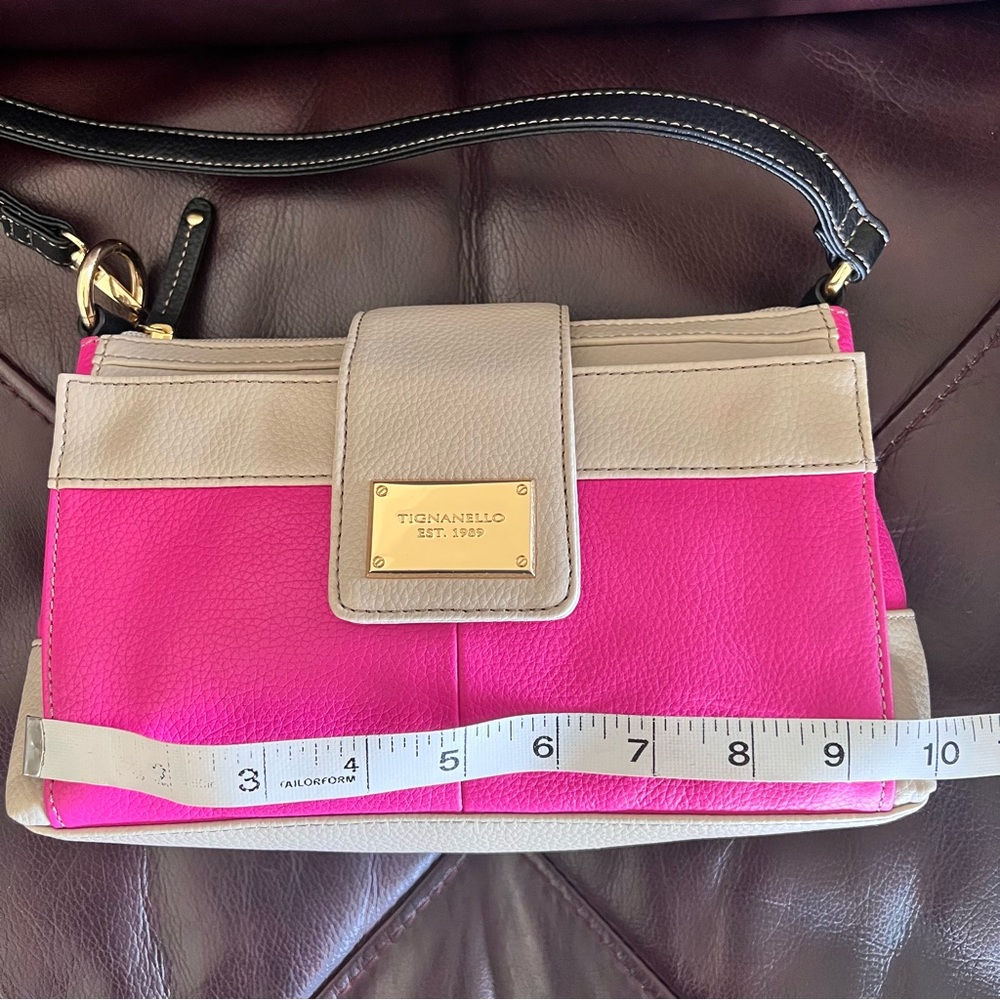 Tignanello Hot Pink Beige Black Leather Crossbody Clutch Handbag - Picture 12 of 17